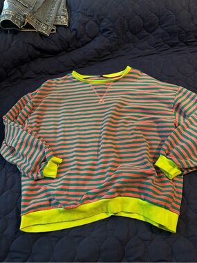 Source Unknown Green and Pink Striped Crewneck Sweatshirt with Neon Yellow Trim